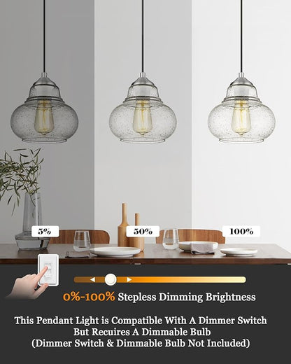 ELYONA 8 Inch Bubble Glass Pendant Light Industrial Kitchen Island Globe Hanging Pendant Light Fxiture Modern Hand Blown Seeded Glass for Farmhouse Dining Room Bar Bedroom Living Room Brushed Nickel