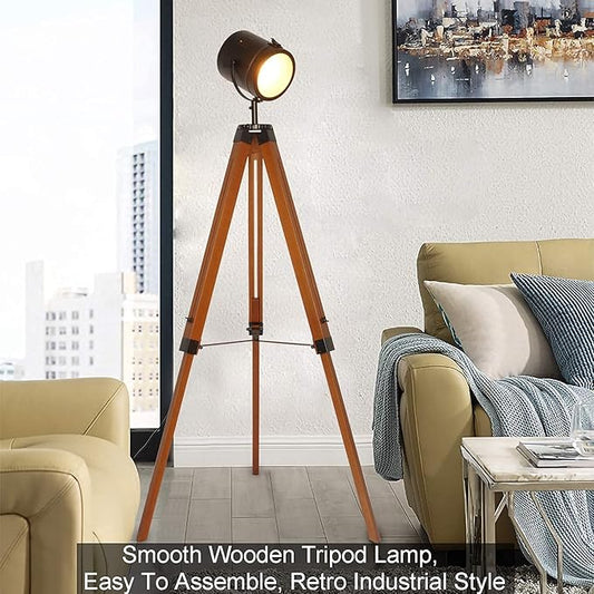 DEC LUCE DECOLUCE LIGHTING Vintage Industrial Tripod Floor Lamp - Adjustable Spotlight for Living Room & Bedroom | Wooden & Metal Design | Perfect for Office, Cinema, Dorm | Black (Bulb Not Included)