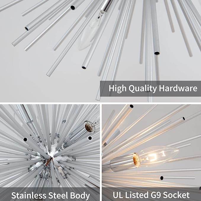 Modern Chrome Sputnik Chandeliers, 9-Light Satellite Pendant Light fixtures, Starburst Firework Ceiling Lights for Bedroom Living Room Dining Room Kitchen Island Hallway, E12 Socket(Dia:19.7'')