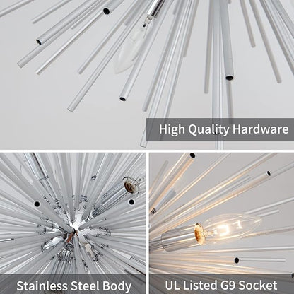 Modern Chrome Sputnik Chandeliers, 9-Light Satellite Pendant Light fixtures, Starburst Firework Ceiling Lights for Bedroom Living Room Dining Room Kitchen Island Hallway, E12 Socket(Dia:19.7'')