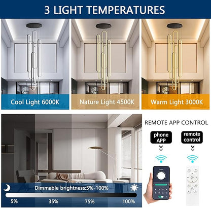 Modern High Ceiling Chandelier for Foyer Black 6 Rings Chandeliers LED Dimmable Chandelier for Living Room Staircase Villa
