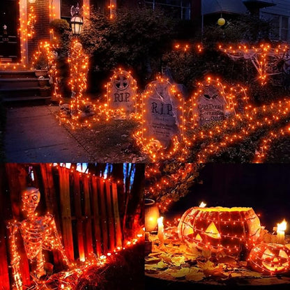 New Upgraded Solar Halloween String Lights Outdoor Waterproof, Solar & USB Rechargeable 19 Modes 2 Pack Total 144FT 400 LED Orange Halloween Lights for Yard Patio Garden Christmas Decorations, Orange