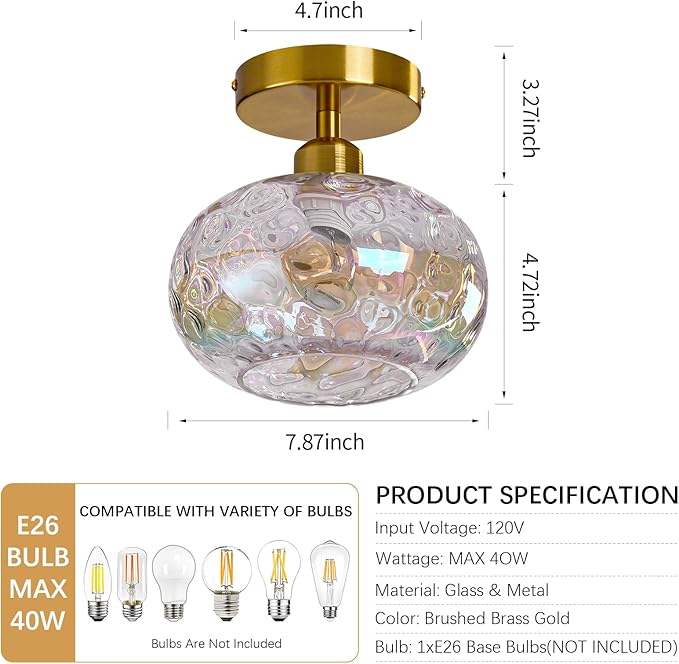 Luafac Vintage Glass Flush Mount Ceiling Light - 7.9 Inch Iridescent Hammered Glass Hallway Light fixtures Ceiling, Gold Semi Flush Mount Ceiling Light for entryway Foyer Laundry Room Kitchen