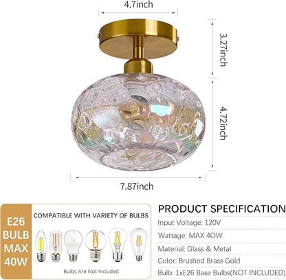 Luafac Vintage Glass Flush Mount Ceiling Light - 7.9 Inch Iridescent Hammered Glass Hallway Light fixtures Ceiling, Gold Semi Flush Mount Ceiling Light for entryway Foyer Laundry Room Kitchen