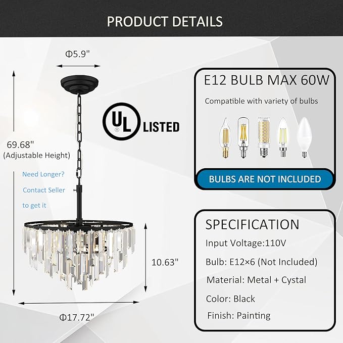 Modern Black Crystal Chandelier, 18" Round Chandeliers for Dining Room 4-Tier 6 Lights Luxury Top K9 Crystal Ceiling Pendant Light Fixture for Foyer Bedroom Closet