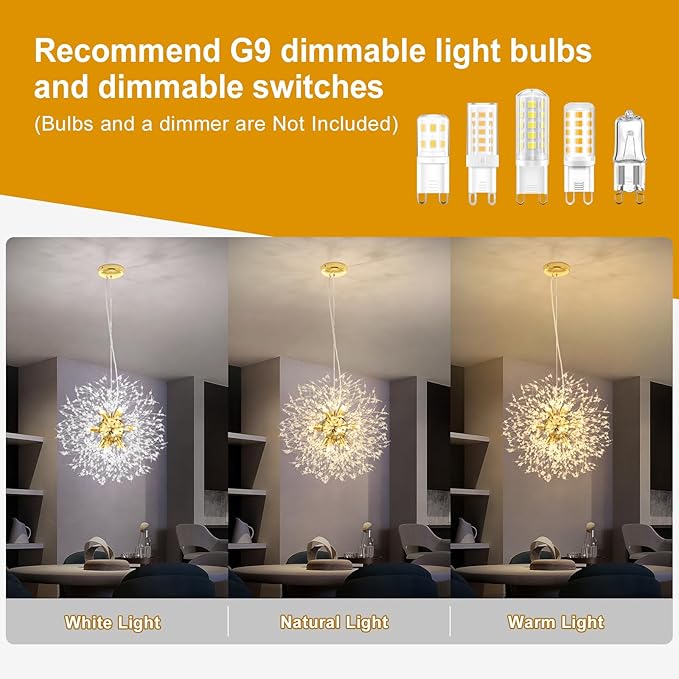 Yiisem Gold Crystal Chandeliers, 12-Light Modern Firework Pendant Lighting, G9 Dandelion Chandelier Light Fixtures for Dining Room Bedroom Living Room Restaurant Kitchen Aisle Hallway