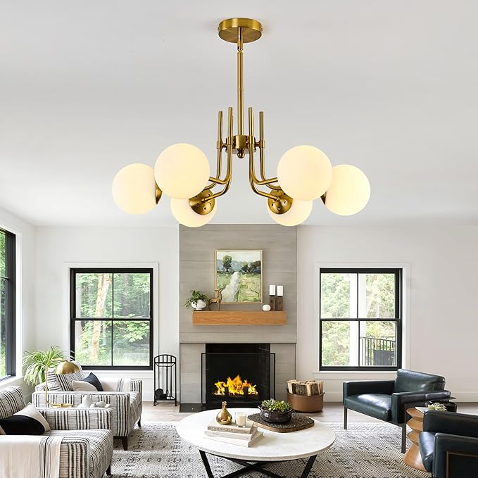 hesoge 6 Light Modern Sputnik Chandelier with Milk White Glass Globe Mid Century Gold Pendant Light Semi Flush Mount Ceiling Light Fixture for Dining Room Living Room Kitchen Entryway.