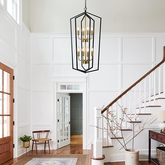 Lanhall 8-Light Lantern Tired Farmhouse Ceiling Hanging Light Black Chandelier Metal Modern Pendant Light Fixtures for Kitchen Island Dining Room Living Room Foyer Entryway-Brushed Brass
