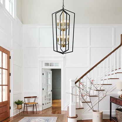 Lanhall 8-Light Lantern Tired Farmhouse Ceiling Hanging Light Black Chandelier Metal Modern Pendant Light Fixtures for Kitchen Island Dining Room Living Room Foyer Entryway-Brushed Brass