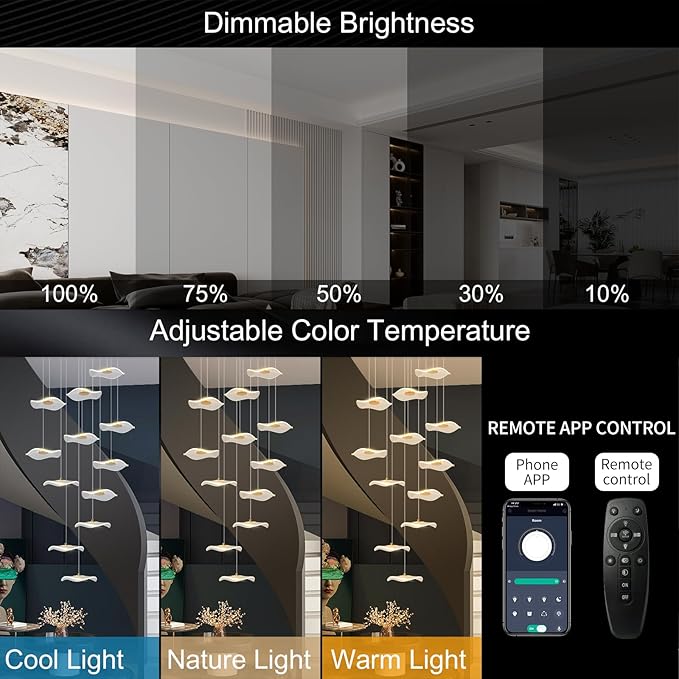 ziidoo High Ceiling Chandelier - 7-Light Dimmable Modern Gold Long Spiral Luxury Linear Lotus Leaf Led Lamp Hanging Pendant Lights for Foyer Enterway Staircase Villas