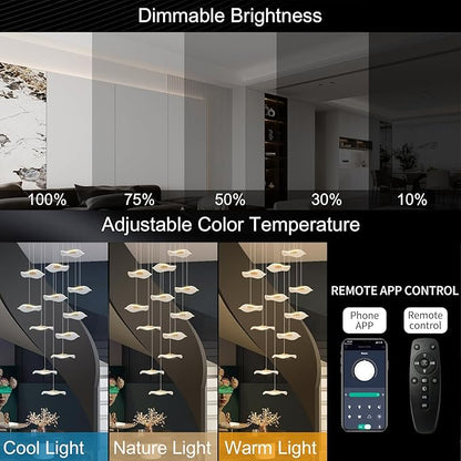 ziidoo High Ceiling Chandelier - 7-Light Dimmable Modern Gold Long Spiral Luxury Linear Lotus Leaf Led Lamp Hanging Pendant Lights for Foyer Enterway Staircase Villas