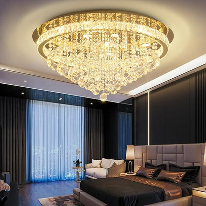 Dia 32" Modern Crystal Chandeliers for Dining Room,Gold Raindrop Chandelier Flush Mount Chandeliers for Living Room Bedrooms Dining Room Dimmable 2700k 4500k 6000k