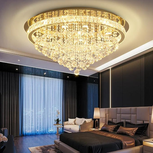 Dia 32" Modern Crystal Chandeliers for Dining Room,Gold Raindrop Chandelier Flush Mount Chandeliers for Living Room Bedrooms Dining Room Dimmable 2700k 4500k 6000k