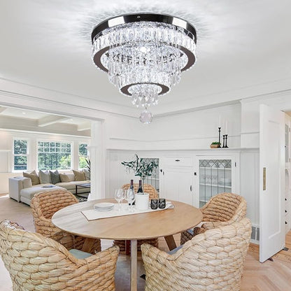 Finktonglan 15.7" Dimmable Crystal Ceiling Light with Remote, 2-Ring LED Flush Mount Chandelier, Adjustable Brightness & 3000K-6500K, Built-in LED for Bedroom Hallway Entryway Dining Room