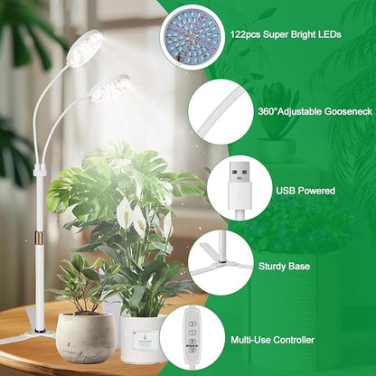 GYTF Grow Light Dual Ring 3.5" with Base, 122 LEDs 6000K White Full Spectrum Gooseneck Plant Lamp for Indoor Desk Plants, Dimmable & Height Adjustable 9-16", Timer 4/8/12/18Hrs