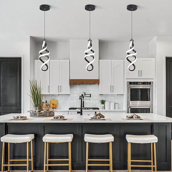 Modern Led Pendant Light Fixture, 15W Black Spiral Led Chandelier Hanging Lamp, 4500K Daylight White Pendant Lamp, Adjustable Height Pendant Light for Dining Room Bedroom Kitchen Island Cafe(2 Pack)