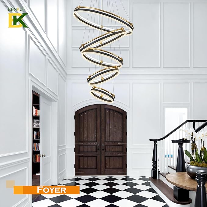 Benkut 5-Rings Modern LED Chandelier Black Gold Dimmable Large High Ceiling Chandeliers Foyer, Remote Pendant Lighting for Foyer Entryway Dining Room Living Room Staircase(10-Ring Lighting, D30in)