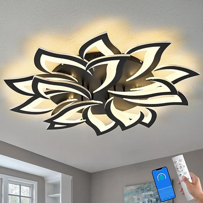 36" Black Modern Geometric Dimmable Ceiling Light Fixture, 15 Leaves Low Profile Flush Mount Ceiling Light for Kitchen, Bedroom, Living Room