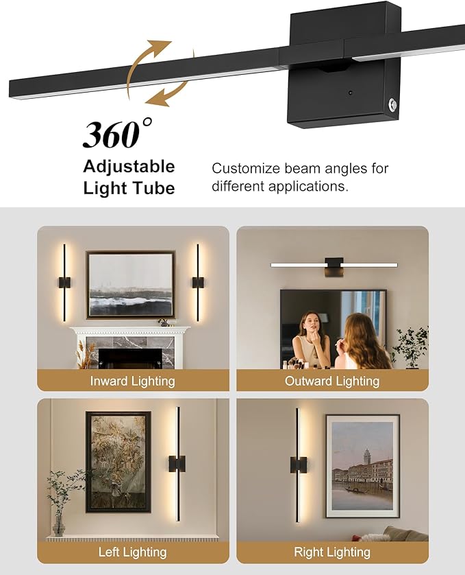 Rayogale 36 Inch 8000mAh Rechargeable Battery Operated Wall Sconce Set of Two, Cordless, 3000K/4500K/6000K, Dimmable, Timer, Remote, Touch Control, USB-C Charging, 360° Rotation for Living Room Black