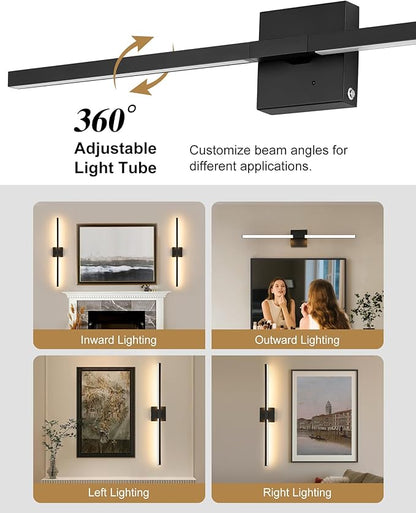 Rayogale 36 Inch 8000mAh Rechargeable Battery Operated Wall Sconce Set of Two, Cordless, 3000K/4500K/6000K, Dimmable, Timer, Remote, Touch Control, USB-C Charging, 360° Rotation for Living Room Black