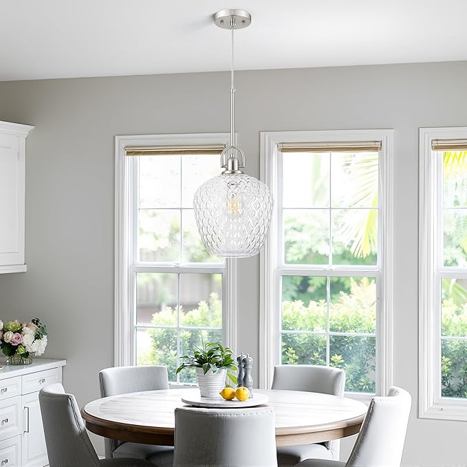 Large Glass Pendant Lights Kitchen Island, 10" 1-Light Brushed Nickel Pendant Light Fixtures with Clear Hammered Glass, Modern Hanging Light for Kitchen Island Dining Room Entryway Foyer