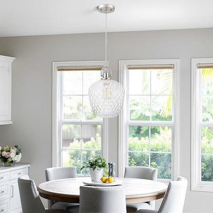 Large Glass Pendant Lights Kitchen Island, 10" 1-Light Brushed Nickel Pendant Light Fixtures with Clear Hammered Glass, Modern Hanging Light for Kitchen Island Dining Room Entryway Foyer