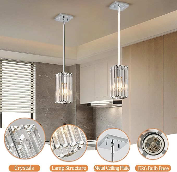 Modern Crystal Pendant Lights Kitchen Island, 2-Pack Chrome Hanging Light with Clear Crystal Shade, Adjustable Height Pendant Lighting for Kitchen Island Dining Room Bedroom Bar Entryway