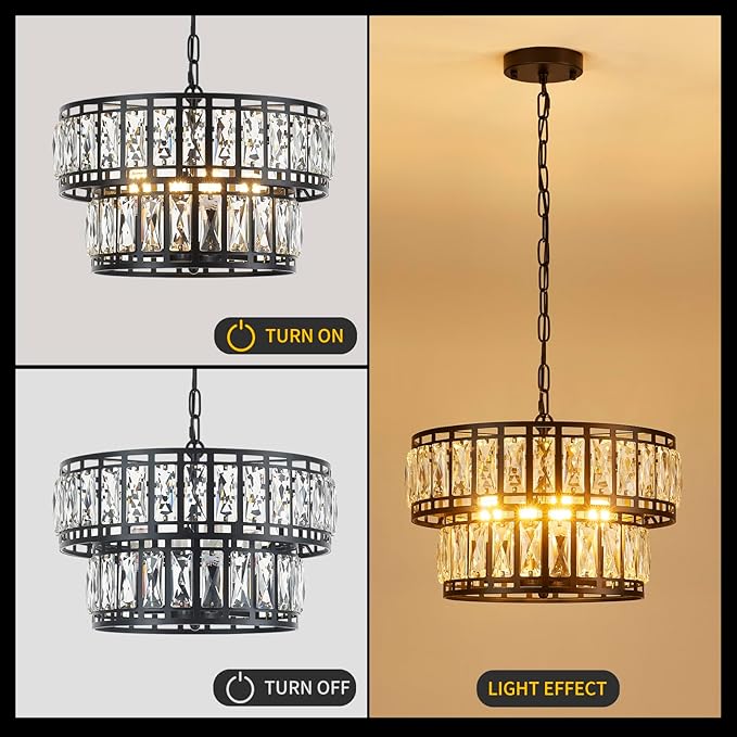 Dining Room Chandeliers K9 Crystal Black Metal Chandelier Modern 2-Tier Drum Farmhouse 16in Contemporary Round Light Fixture for Bedroom Entryway Kitchen Island Living Room