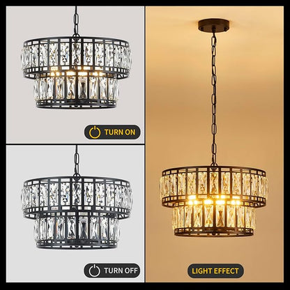 Dining Room Chandeliers K9 Crystal Black Metal Chandelier Modern 2-Tier Drum Farmhouse 16in Contemporary Round Light Fixture for Bedroom Entryway Kitchen Island Living Room