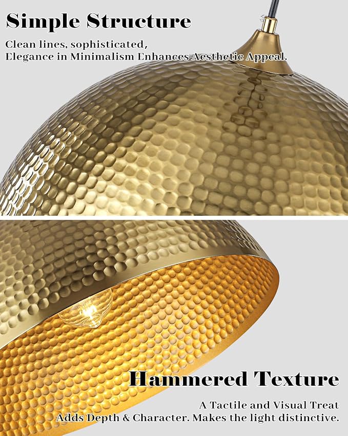 Gold Pendant Light 16 inch, Hammered Large Dome Pendant Light, Industrial Farmhouse Pendant Lights Kitchen Island, Oversize Gold Kitchen Pendant Lights for Kitchen, Dining Room 3 Packs