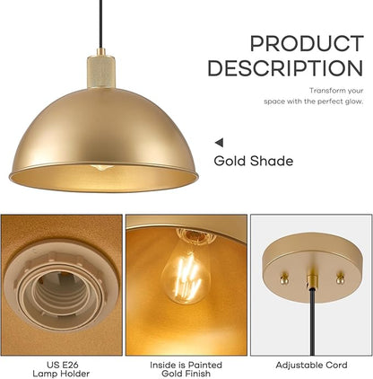 12 Inch Gold Dome Pendant Lights 3 Pack for Kitchen Island, Height Adjustable Farmhouse Industrial Hanging Light Fixtures Over Table for Dining Room, Entryway