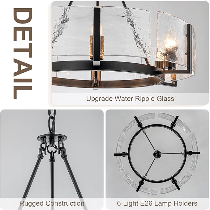 Black Glass Chandelier for Dining Room, 27.6" Large Modern Dining Room Light Fixture Farmhouse Glass Drum Chandelier for High Ceiling,Foyer,Living Room,Entryway