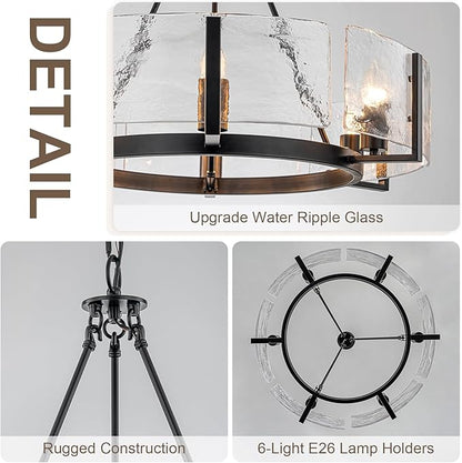 Black Glass Chandelier for Dining Room, 27.6" Large Modern Dining Room Light Fixture Farmhouse Glass Drum Chandelier for High Ceiling,Foyer,Living Room,Entryway