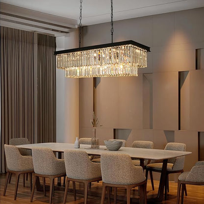Weesalife Crystal Chandeliers for Dining Room Light Fixtures Over Table，15-Lights Black Modern Rectangle Chandeliers for Kitchen Island Bar L40 Inch