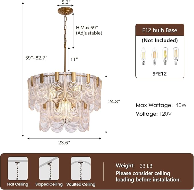 Crystal Glass Chandelier,Gold Glass Kitchen Island Lights,9-Light Dining Room Hanging Pendant Light Fixture for Living Room, Bedroom,Foyer, Bathroom,Entryway, Brass Finish, D24 xH25