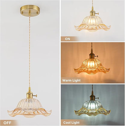 Vintage Pendant Lights Kitchen Island 3 Pack, Adjustable Pendant Light Fixtures with Amber Lily Glass Lampshade, Gold Kitchen Pendant Lighting Over Island, Pendant Light for Dining Room Hallway