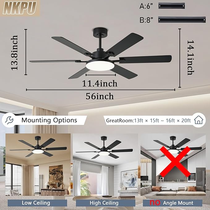 NKPU 56 Inch Ceiling Fans with Lights, Modern Black Ceiling Fan with Light and Remote Control, 6 Double Sided Blades, 6 Speed Reversible Motor, Dimmable LED, Silent Timing, Indoor Outdoor Patio Use