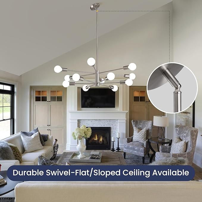 RUIYEY Modern Sputnik Chandeliers Light, 12 Lights Brushed Nickel Dining Room Chandelier Over Table, Height Adjustable Industrial Semi Flush Mount Mid Century Chandelier for Kitchen Island Living Room