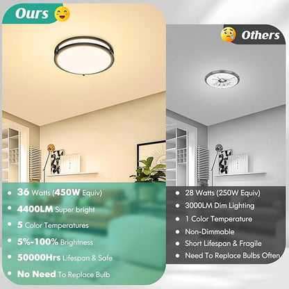 LED Ceiling Light Fixture Black, 36W 4400Lm Flush Mount Ceiling Lamps, Dimmable 5CCT 2700K/3000K/4000K/5000K/6500K, 13 Inch Super Bright Modern Bedroom Ceiling Lights for Kitchen Hallway, 1 Pack