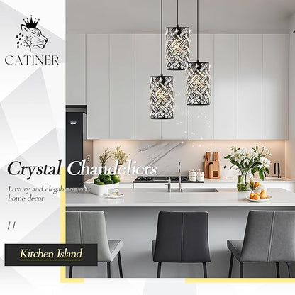 CATINER 3 Lights Crystal Pendant Light Modern Black Mini Chandelier, Adjustable Cluster Pendant Light Fixture for Kitchen Island Dinning Room Bedroom Hallway Porch