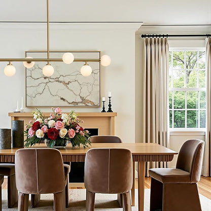 Mid Century Chandelier, Gold Sputnik Pendant Light with White Glass Lampshade,7 Lights Globe Rectangle Linear Chandeliers for Dining Room Kitchen L43.3 in x W11.8 in