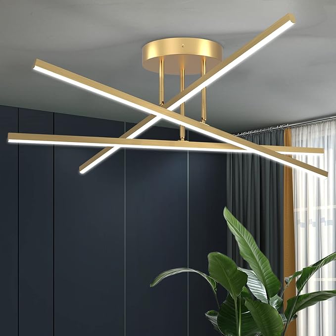 Gold LED Chandelier, 3-Lights Modern Semi Flush Mount Ceiling Lighting Fixture for Kitchen Dining Room Foyer Entry Bedroom, 23.82” 24W