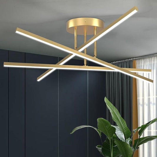 Gold LED Chandelier, 3-Lights Modern Semi Flush Mount Ceiling Lighting Fixture for Kitchen Dining Room Foyer Entry Bedroom, 23.82” 24W