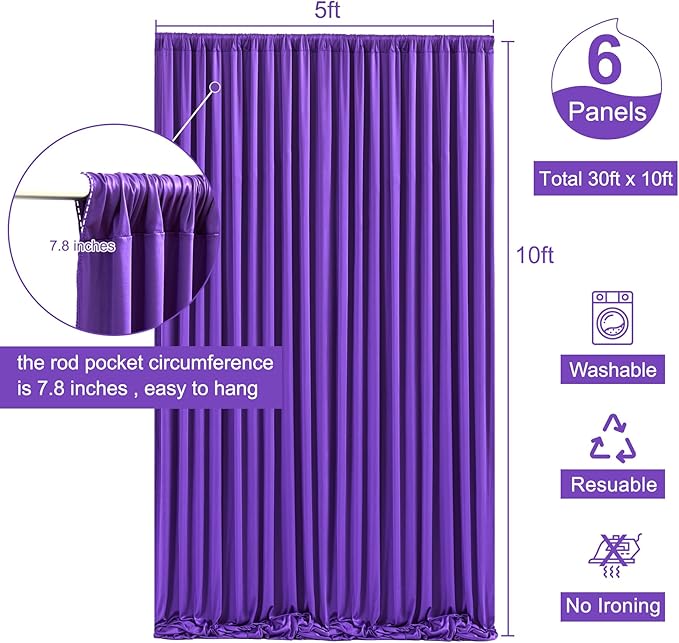 6 Panels Purple Backdrop Curtain for Parties Wedding Wrinkle Free Purple Photo Curtains Backdrop Drapes Fabric Decoration for Birthday Party Photography 30ft(W) x 10ft(H)