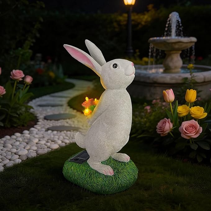 Cute Solar Bunny Garden Statue with Warm LED Flower Lights, Handcrafted Outdoor Rabbit Decor for Patio, Balcony, Yard, Lawn, Ideal Easter, Birthday & Holiday Gifts for Women, Mom