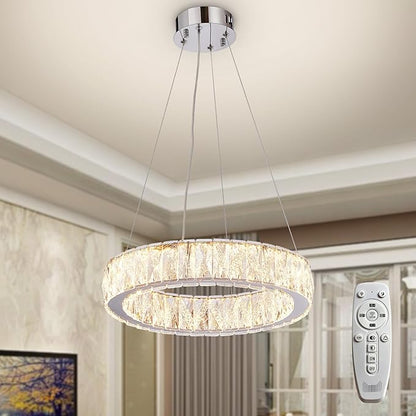 Depuley Modern LED Crystal Chandeliers: 15.7" Ring Chandelier Hanging Crystal Ceiling Light Fixture - 24W Adjustable Height Pendant Light for Living Room Dining Room Bedroom Foyer