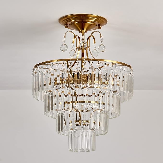 CVKASH 5 -Lights Crystal Gold Chandelier Fixture Modern Semi Flush Mount Ceiling Light with E12 Ceiling Lighting for Bedroom Living Room Kitchen Hallway Dining Room,D15.35 x H20.07