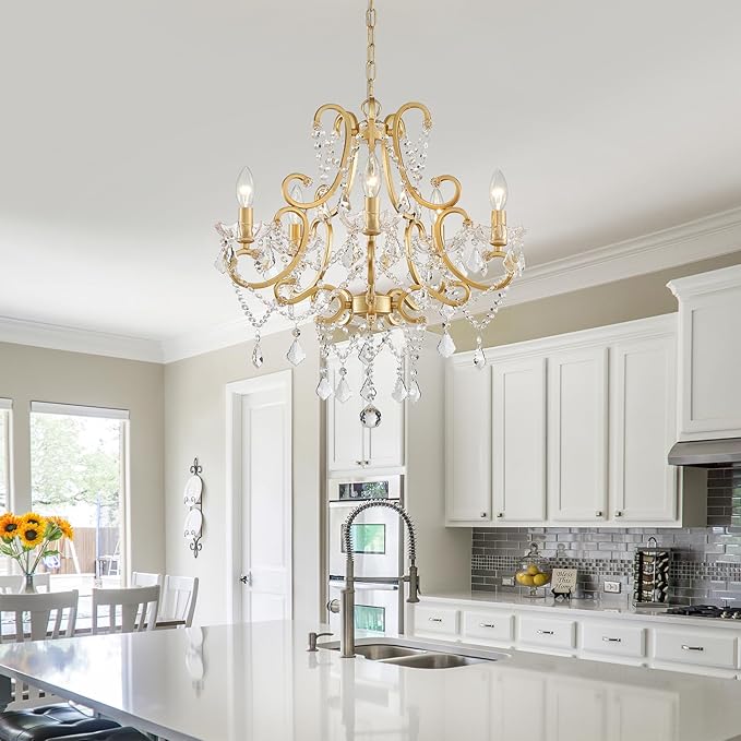 Crystal Chandelier, Golden Crystal Lighting,5-Light Modern Chandelier for Living Room Kitchen Island Entryway Bedroom
