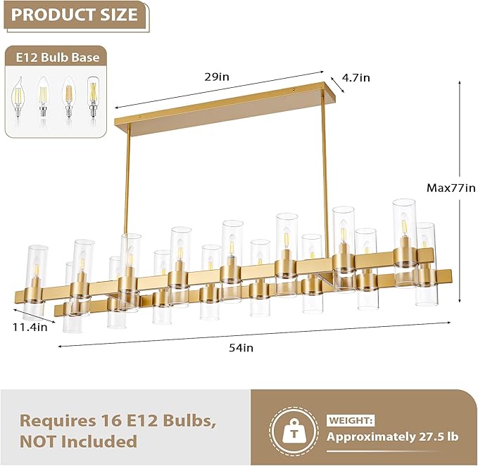 Gold Linear Chandeliers for Dining Room, 54" Rectangle Chandelier with Glass, 16-Light Modern Chandeliers Over Table, Farmhouse Chandelier for Kitchen Island, Industrial Pendant Light Fixtures