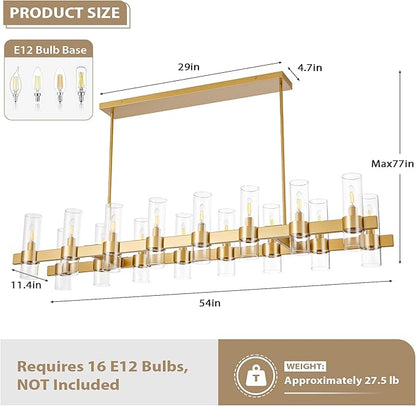 Gold Linear Chandeliers for Dining Room, 54" Rectangle Chandelier with Glass, 16-Light Modern Chandeliers Over Table, Farmhouse Chandelier for Kitchen Island, Industrial Pendant Light Fixtures